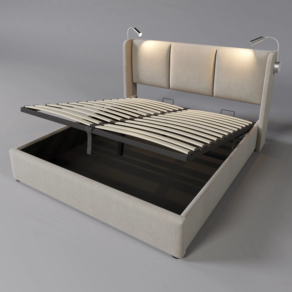 Letto matrimoniale – 140x200 cm – luce USB contenitore – lino grigio