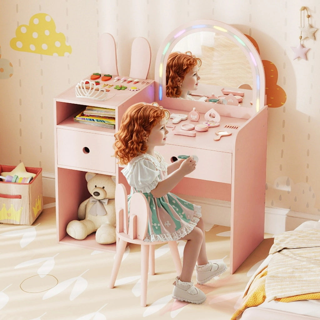 Tavolo da trucco principessa con specchio illuminato e cassetti, Scrivania con specchio e luci per bambini Rosa