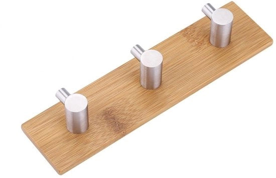 Hanger da Parete Autoadesiva - Materiale in Legno/RVS - 3 Hanger - Ideale per Cucina e Bagno
