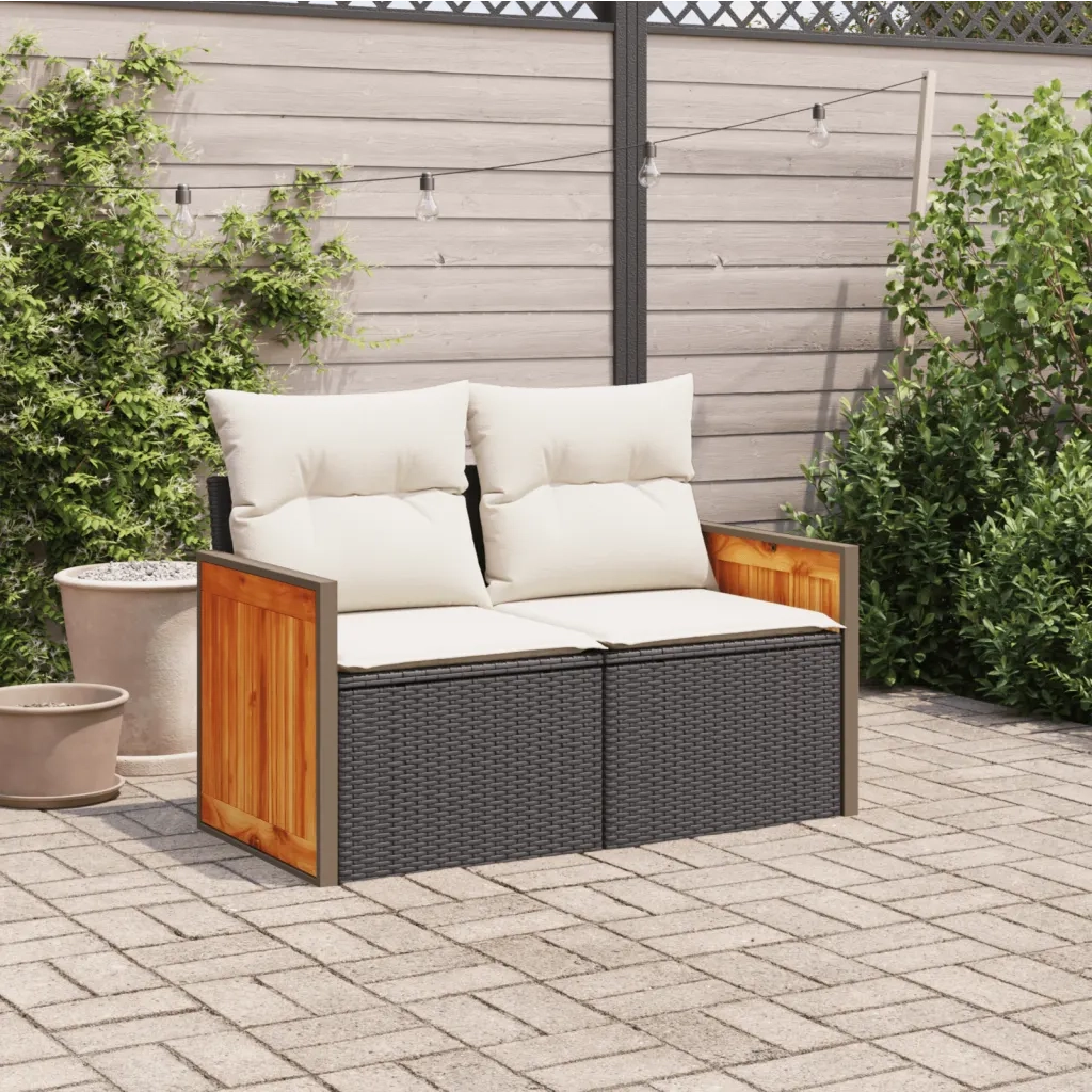 Divano da Giardino con Cuscini a 2 Posti-Sofa da Giardino-Divano da esterno Nero in Polyrattan 429505