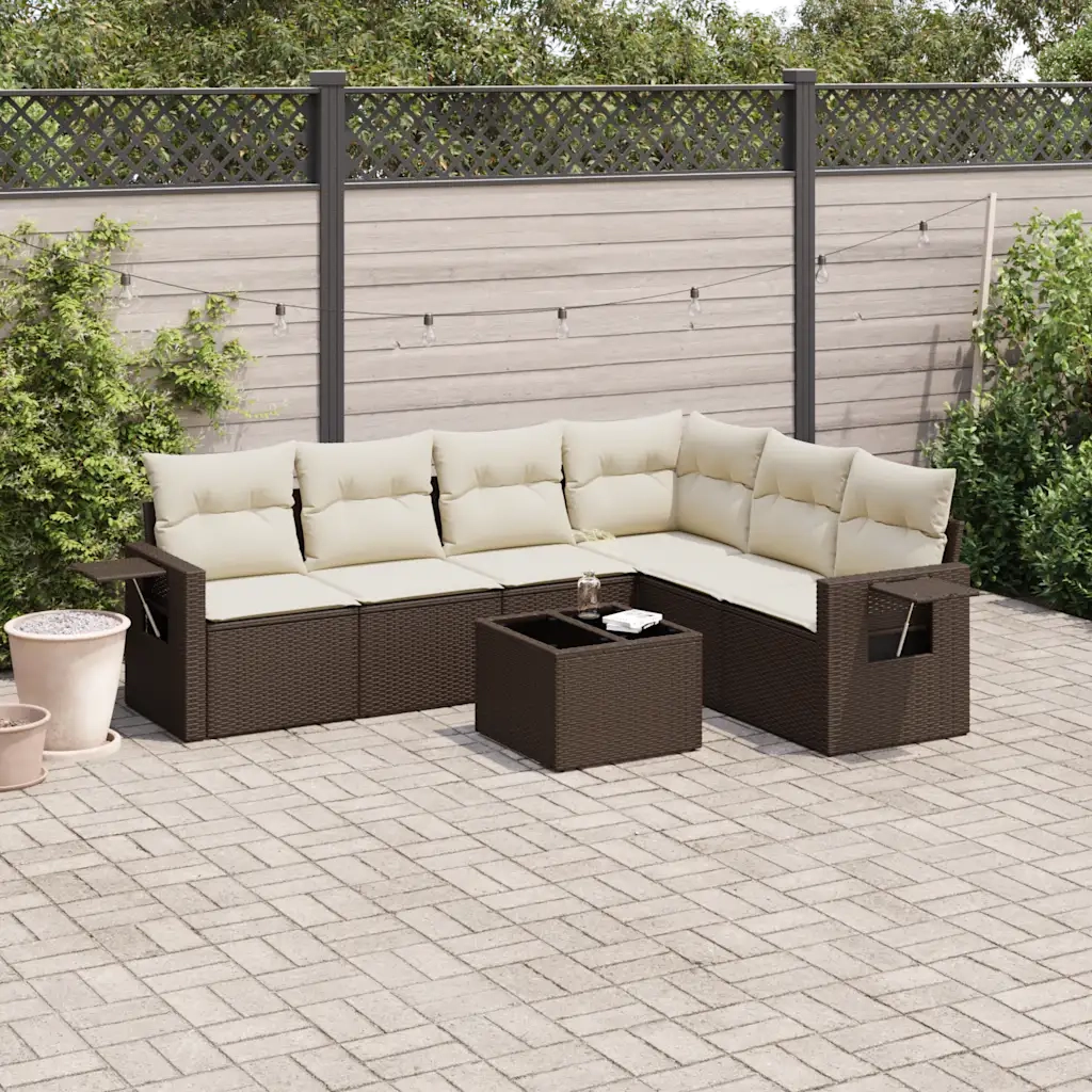 Set Divani da Giardino 7 pz con Cuscini Marrone in Polyrattan