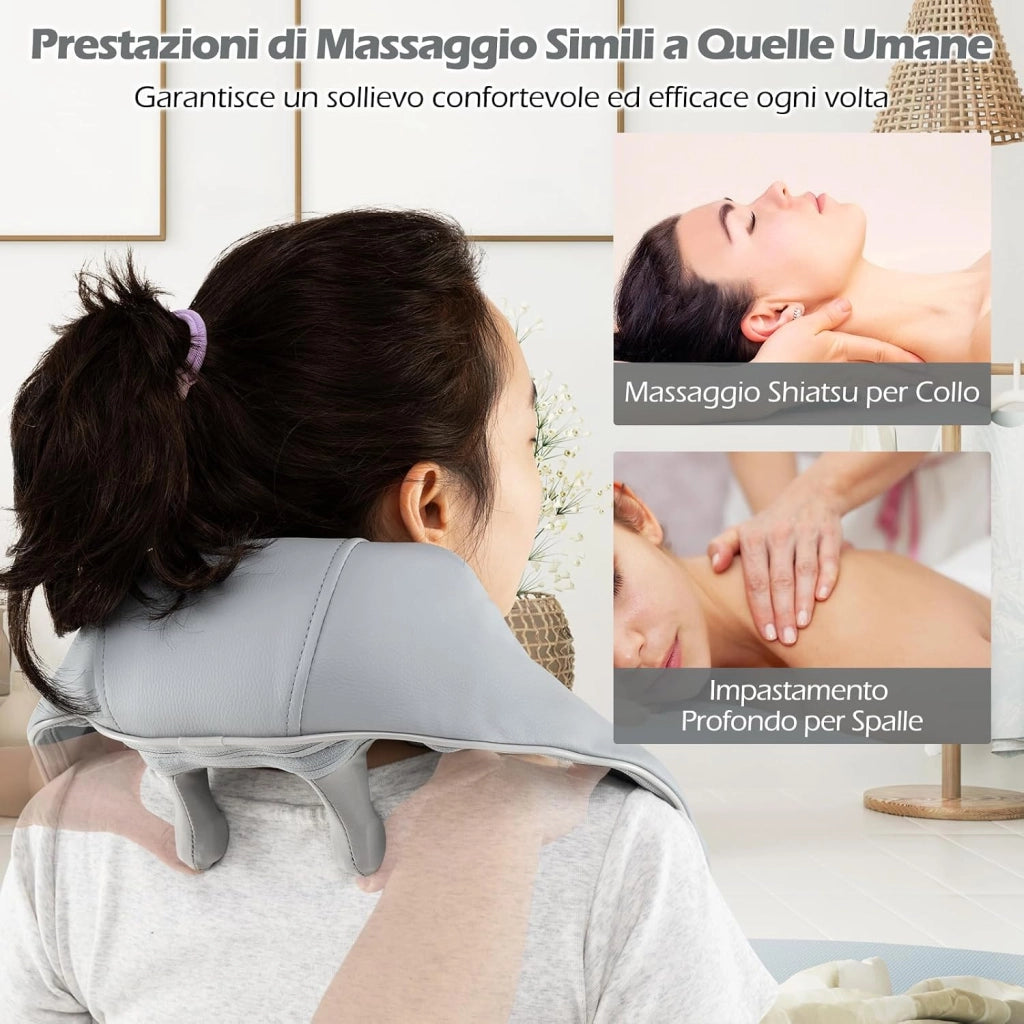 Massaggiatore Cervicale per Collo e Spalle Senza Fili con Riscaldamento, Impasto Profondo 4D dei Tessuti, 2 Modalità, 2 Livelli di Intensità e Batteria Integrata 2500 mAh (Grigio)
