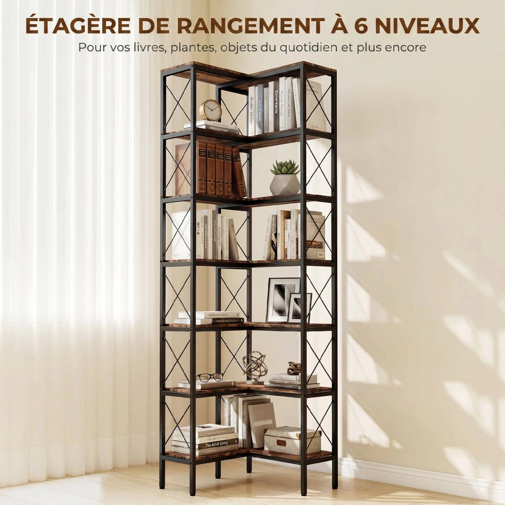 Libreria angolare 6 ripiani ¨C Xylo ¨C metallo marrone rustico 60x60x200cm