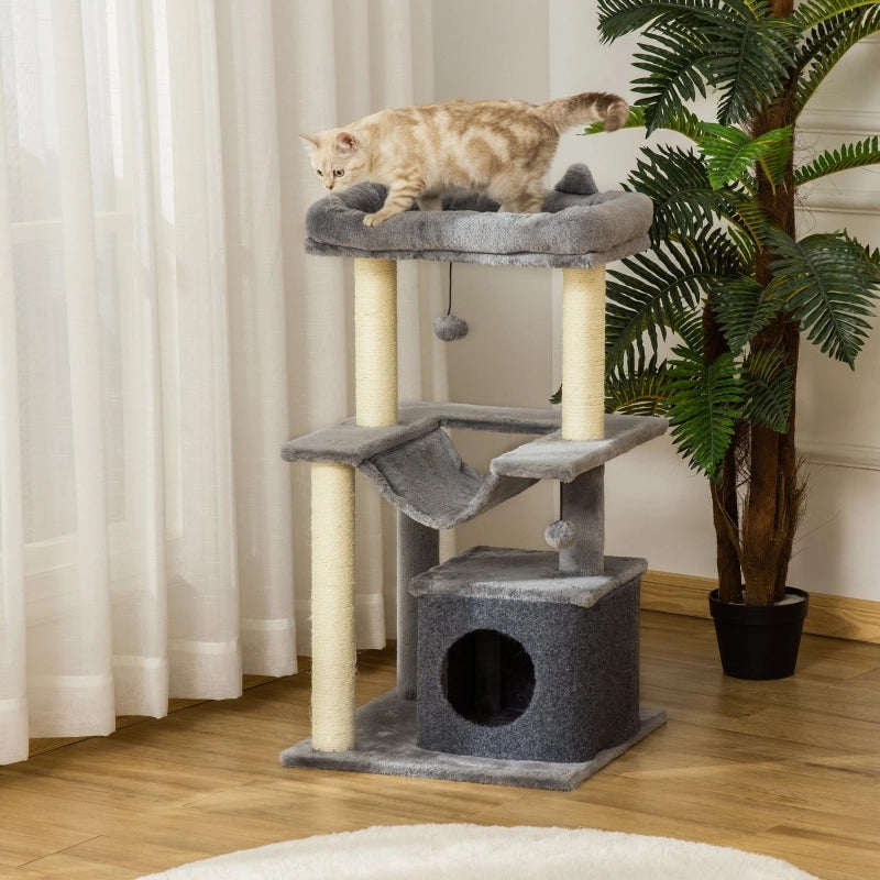 Albero tiragraffi per gatti 90 cm con amaca, cuccia e piattaforme, grigio