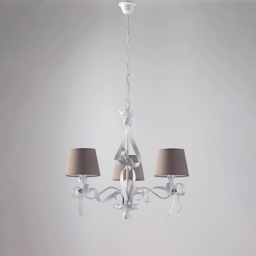 Lampadario Shabby Chic Lucy Bianco 3 Luci Paralumi Tortora BeLight