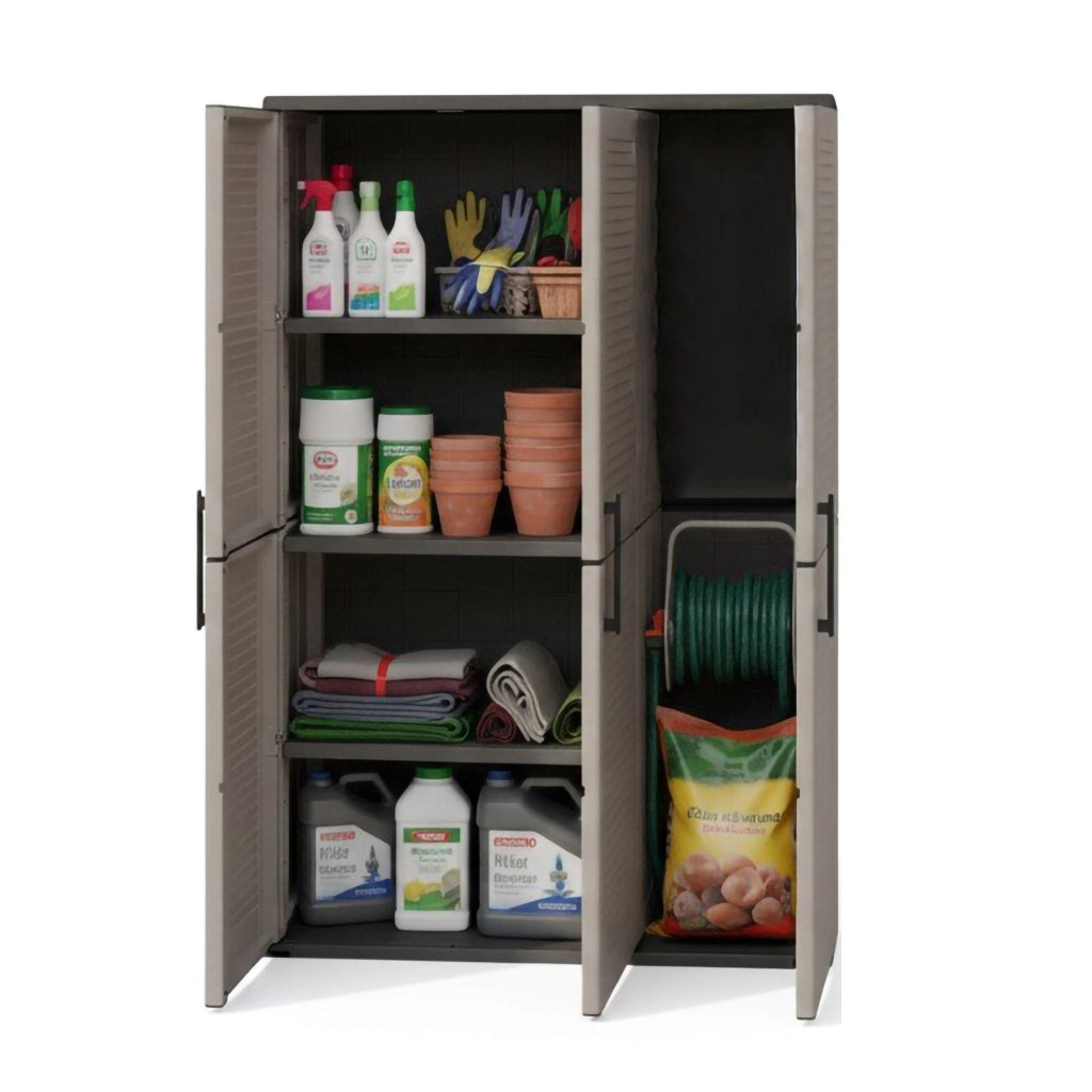 Armadio portascope da esterno o Amordel, Mobile a 3 ante e 3 ripiani regolabili in polipropilene, 100% Made in Italy, cm 102x37h163, colore Grigio