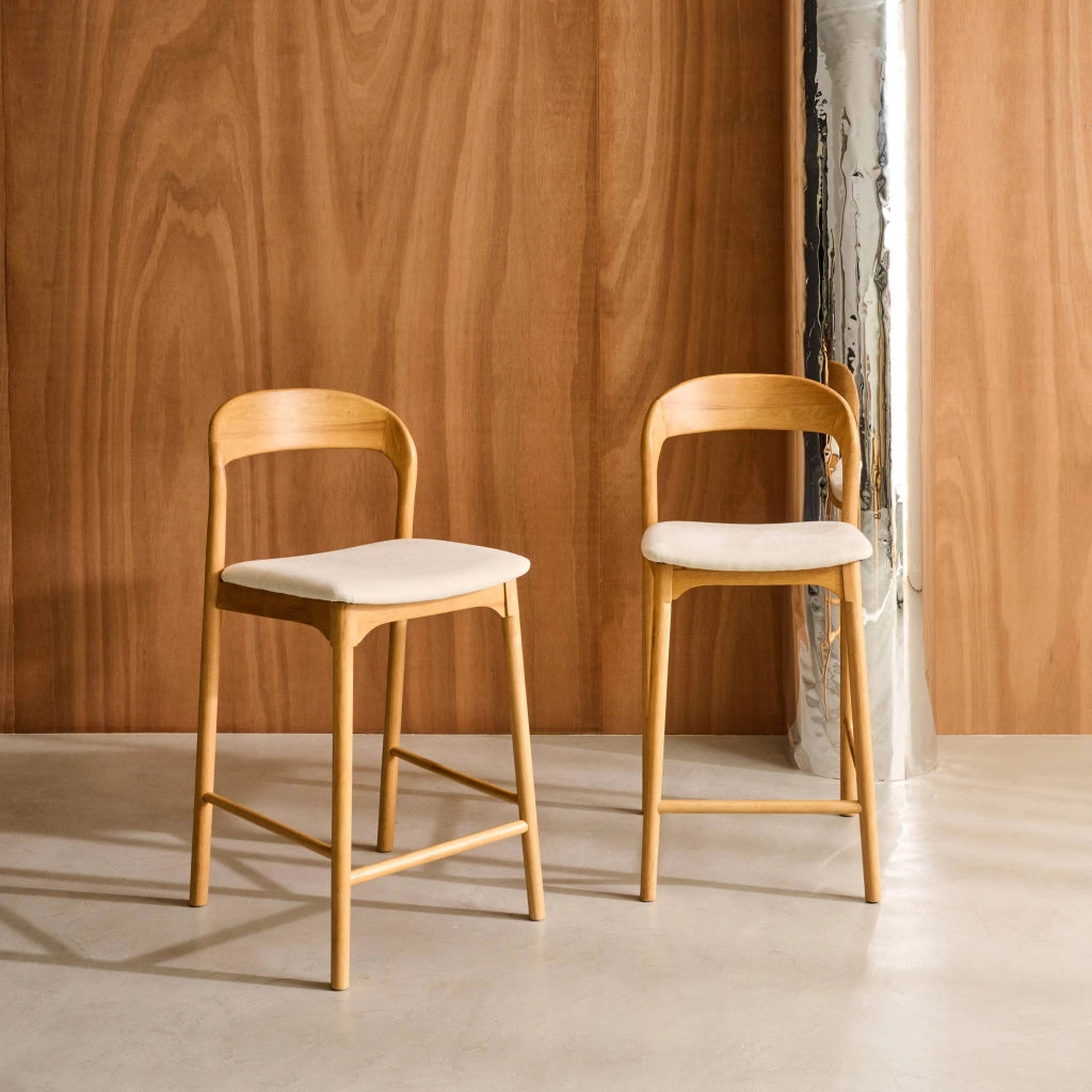 Set 2 sgabelli da bar vintage in legno di hevea e tessuto, marrone