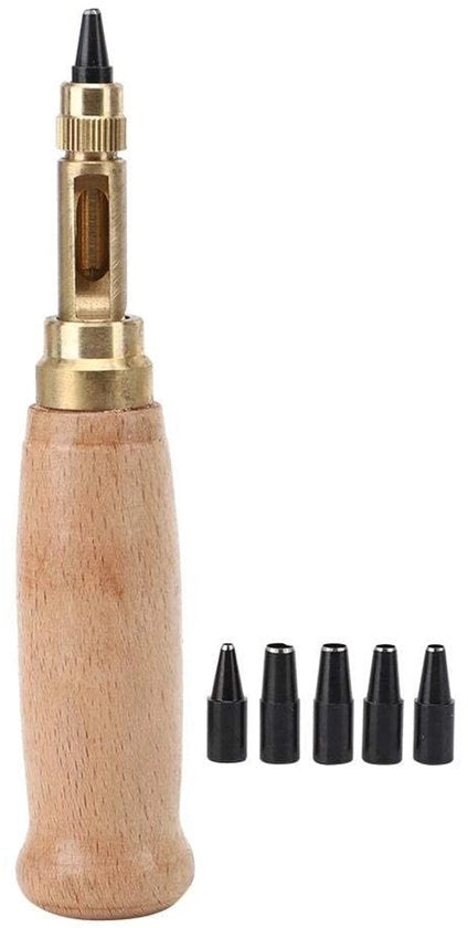 Attrezzi per lavorazione 6 in 1 - Testine regolabili - Manico in legno - Silenzioso e veloce - Adatto per pelle/cartone - Stampante riciclabile - Perforatrice