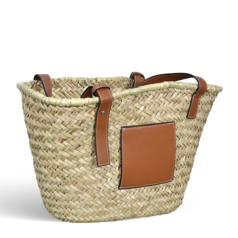 Borsa mare Erba Spring paglia intrecciata con manici in cuoio 25x14x23 cm media