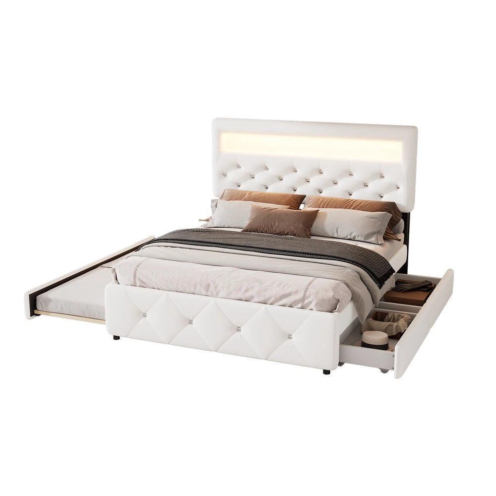 Letto Imbottito Contenitore con Cassetti e Comodino LED ¨C MINIMAL ¨C Bianco 140x200