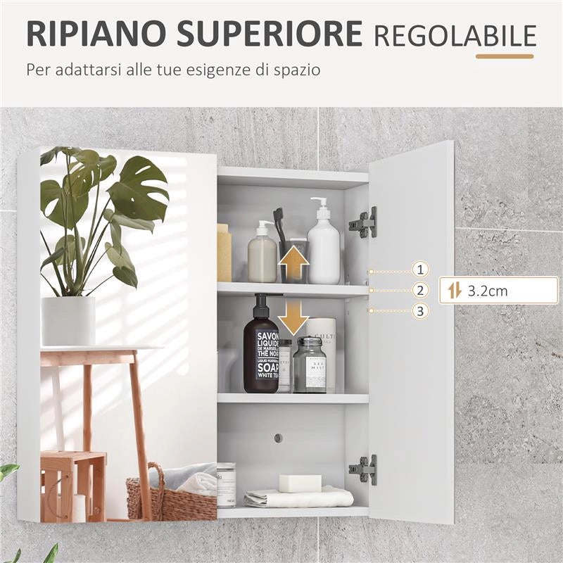 ARMADIETTO A SPECCHIO A 3 RIPIANI INTERNI REGOLABILI, IN LEGNO E VETRO, 60X15X60 CM, BIANCO