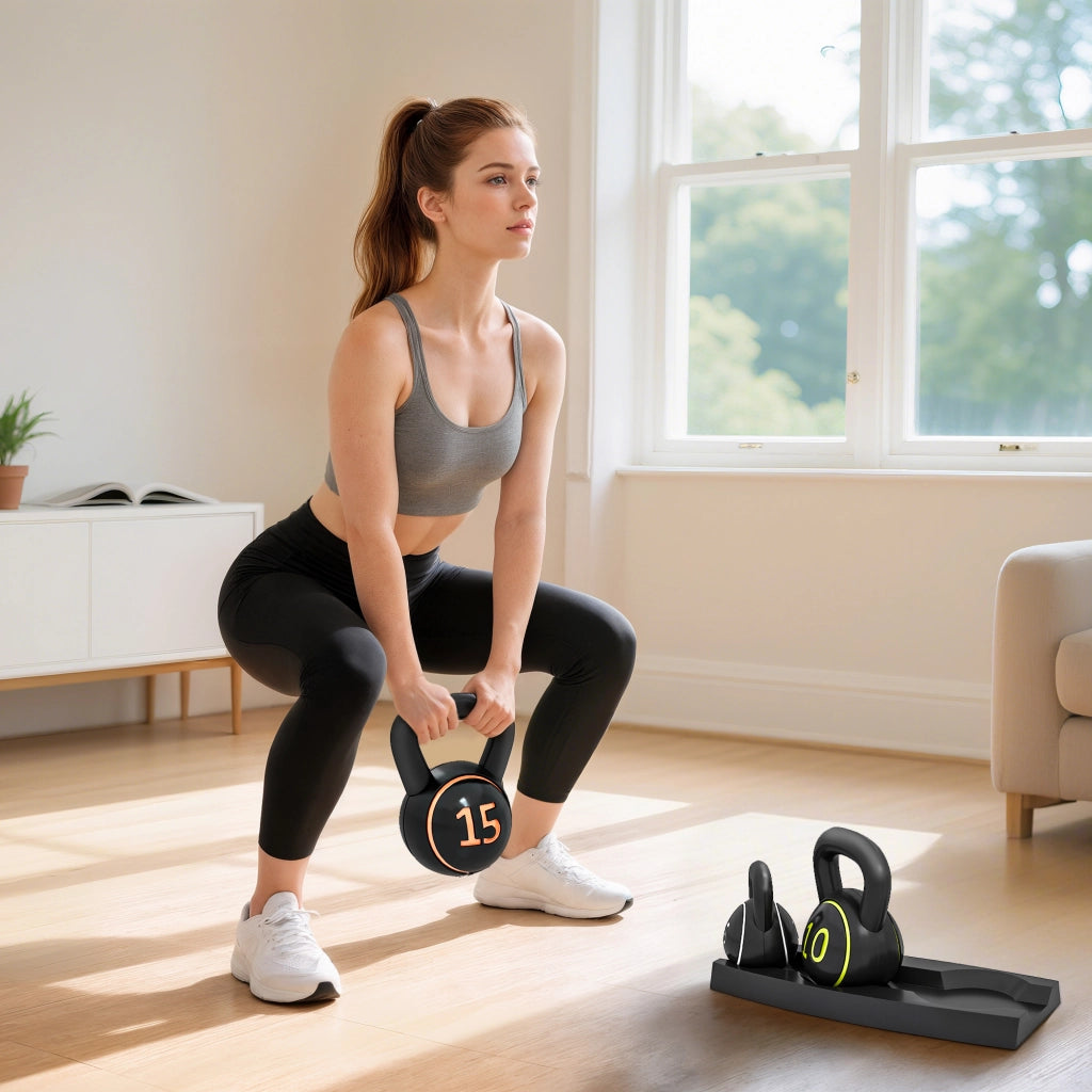 Set Kettlebell Palestra 2,2- 4,5-6,8 kg con Base e Supporto in Plastica Nero