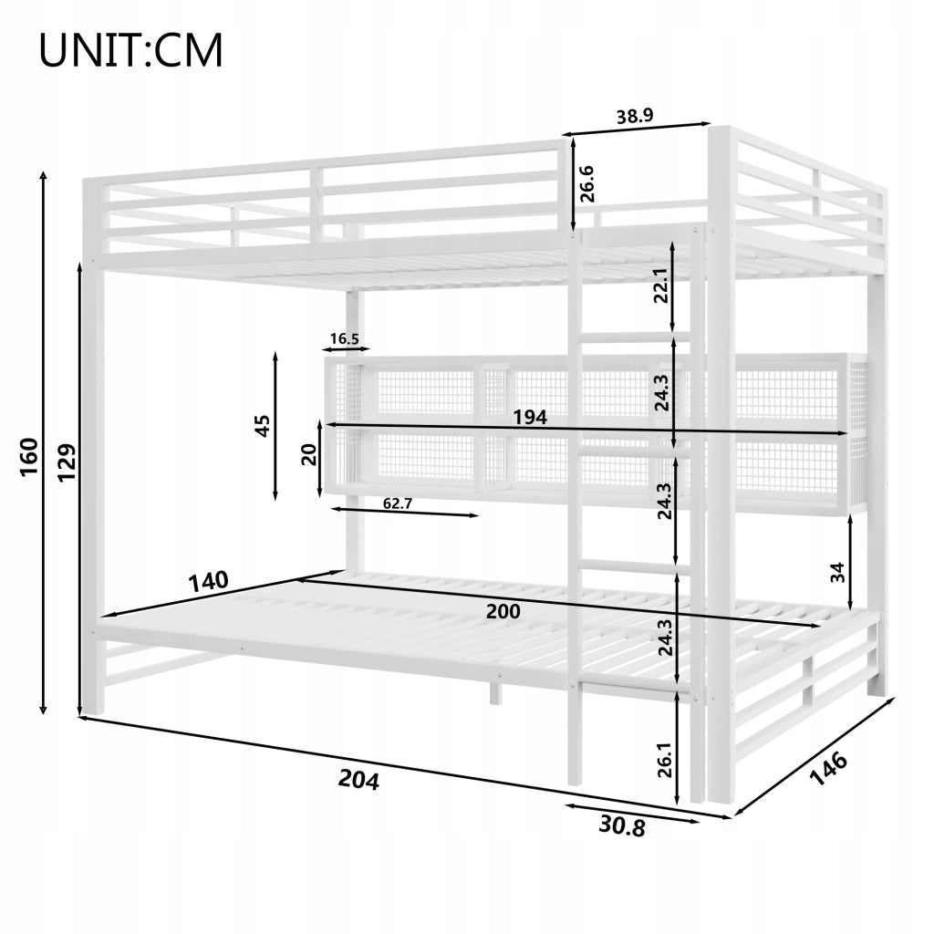Letto a castello 140x200 con armadietti e LED - Xylo - Bianco