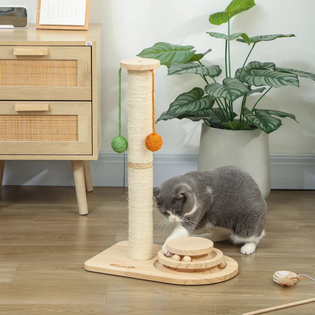 Gioco per Gatti con Graffiatoio e Palline ¨C Minimal ¨C Legno Naturale 56,5 cm