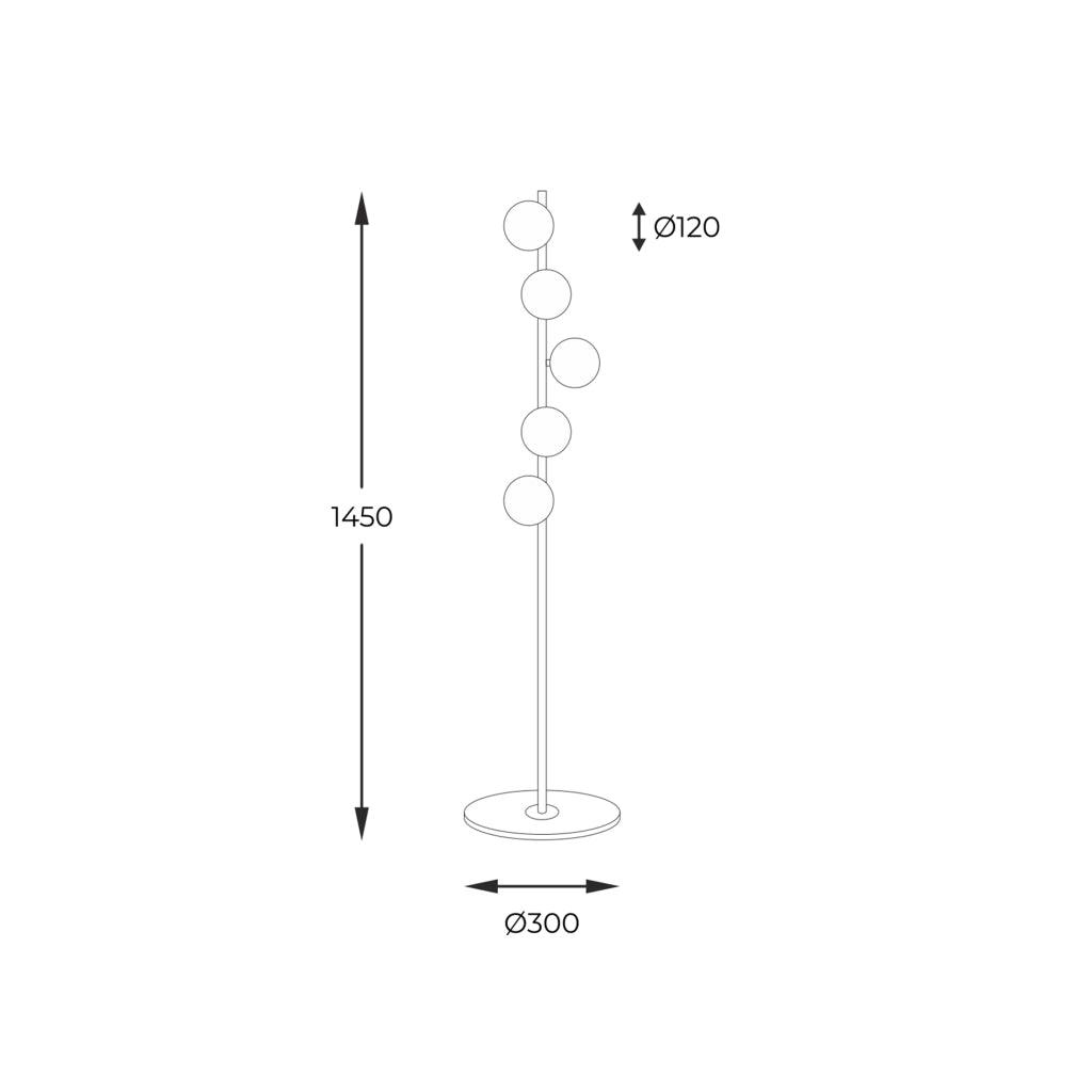 Lampada da terra nera oro 5 globi vetro 145cm Zuma
