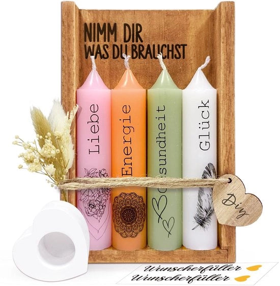 Set di candele con candelabro, regali per donne, regali per amica sorella per compleanno, prendi tutto ciò di cui hai bisogno candele, decorazione di candela regalo-idea con scatola in legno fiori essiccati