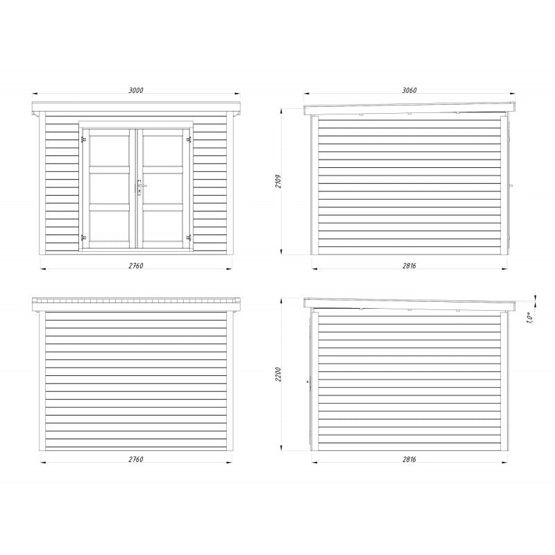 Casetta da giardino in legno 276x282 cm, pareti 28 mm grezze con porta doppia vetrata, per ricovero attrezzi esterno - Esterni da Vivere
