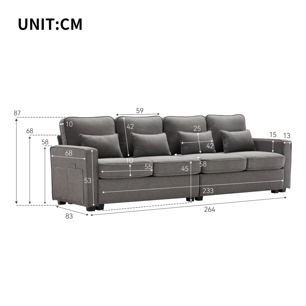 Divano 4 Posti in Tessuto con Braccioli e Cuscini ¨C MINIMAL ¨C Beige/Grigio/Verde