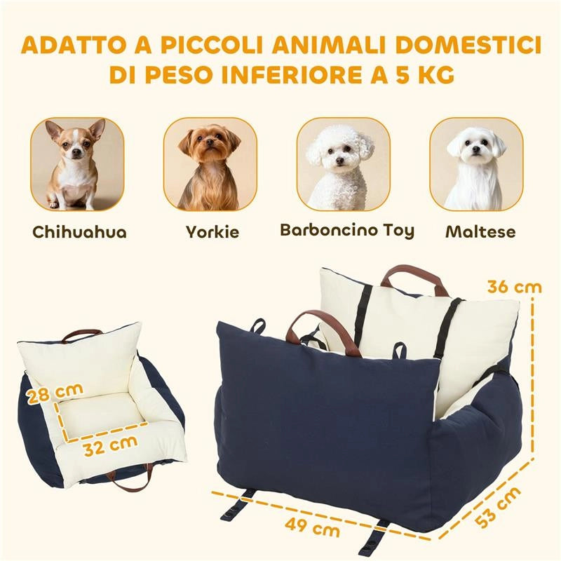 SEGGIOLINO AUTO PER CANI PICCOLI CON GUINZAGLIO DI SICUREZZA, SFODERABILE E LAVABILE, BLU