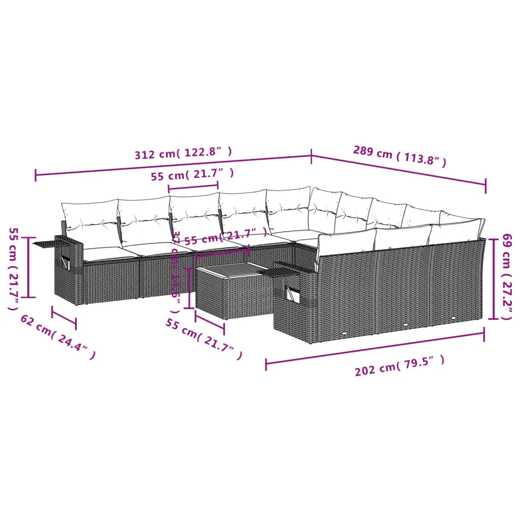 Set Divani da Giardino 12 pz con Cuscini Nero in Polyrattan 3257120