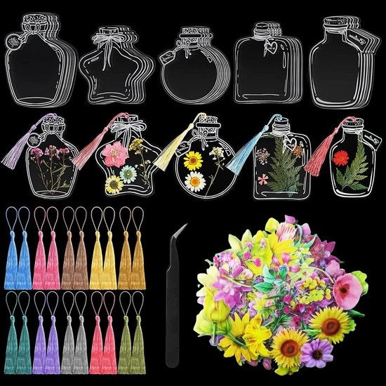 Set di segnalibro trasparente DIY con pennelli e fiori, regalo per bambini