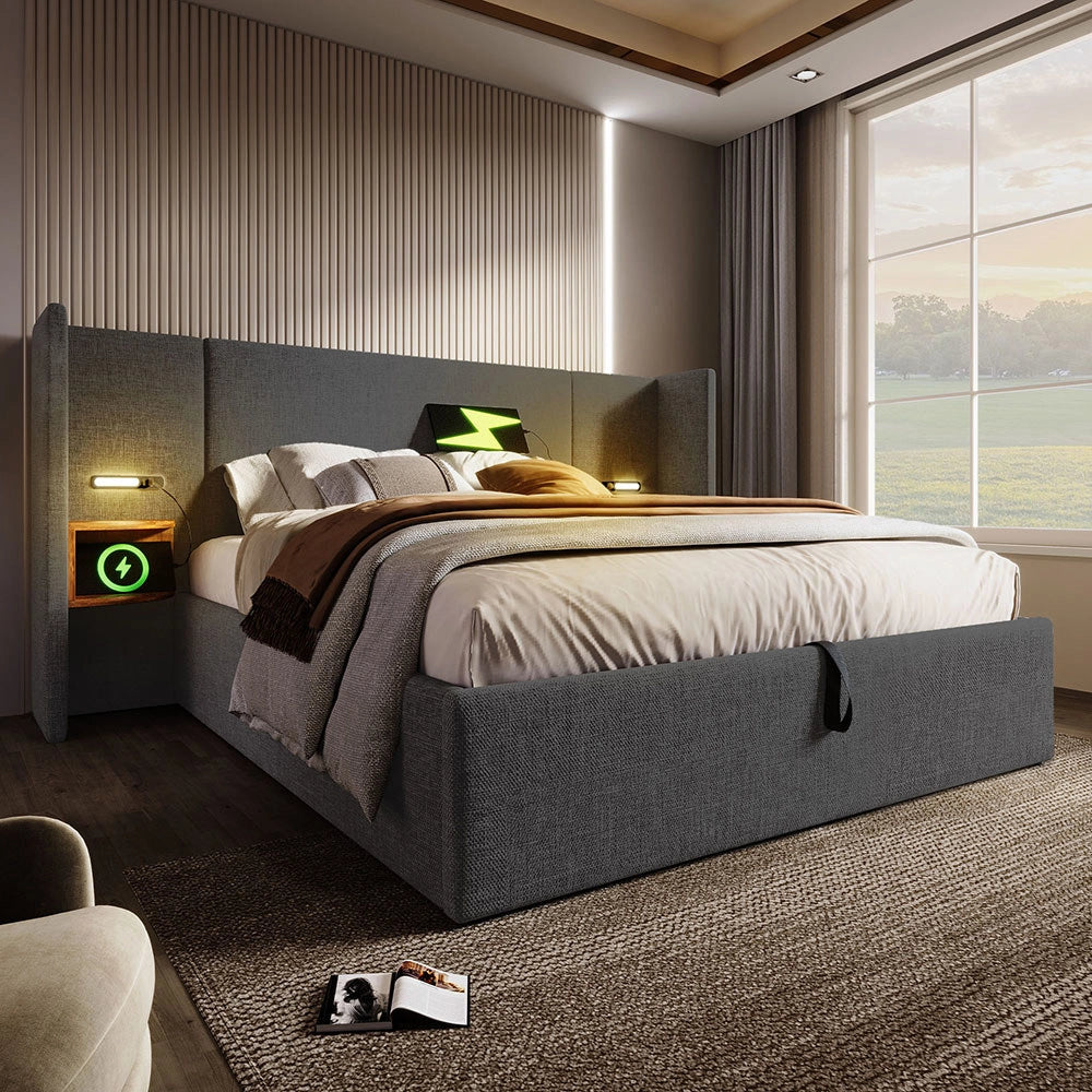 Letto imbottito con cassone - Xylo - 180??200 cm - Grigio Lin - Comodino con luce e USB Type-C