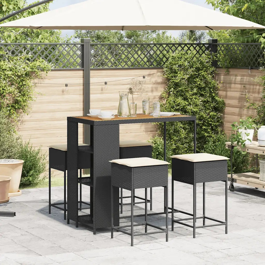 Set Bar da Giardino 5 pz | Set Salotto da Giardino con Cuscini in Polyrattan Nero