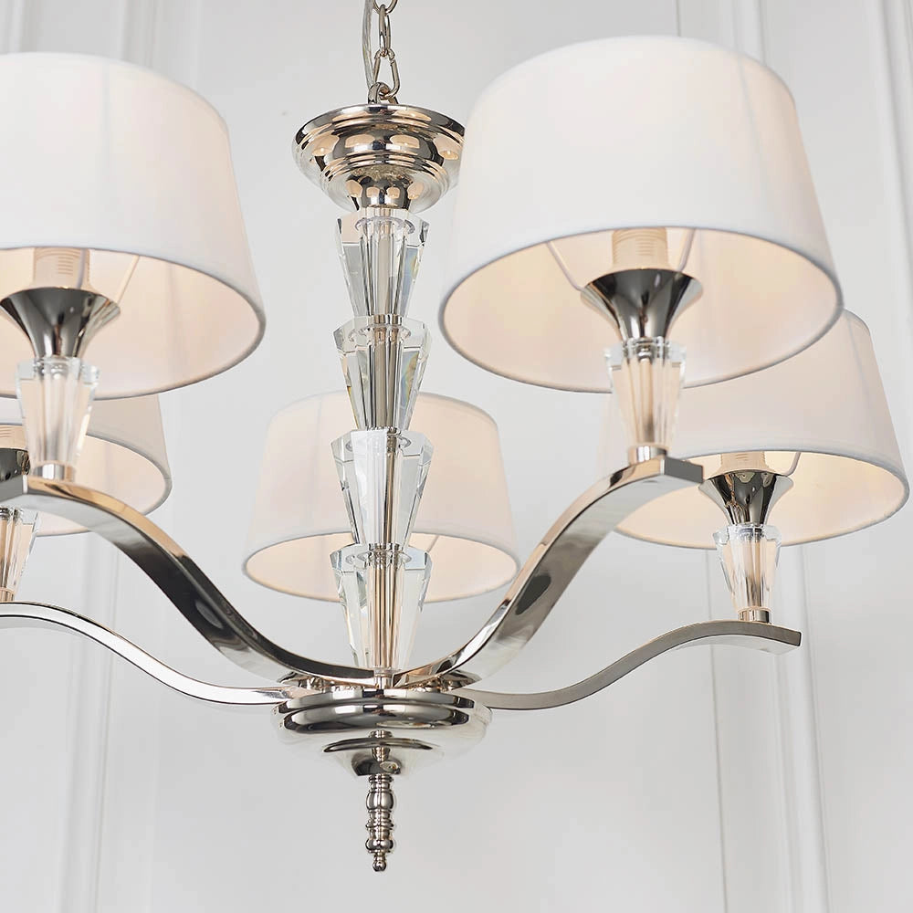 Lampadario 5 luci paralumi bianchi cromato cristalli E14