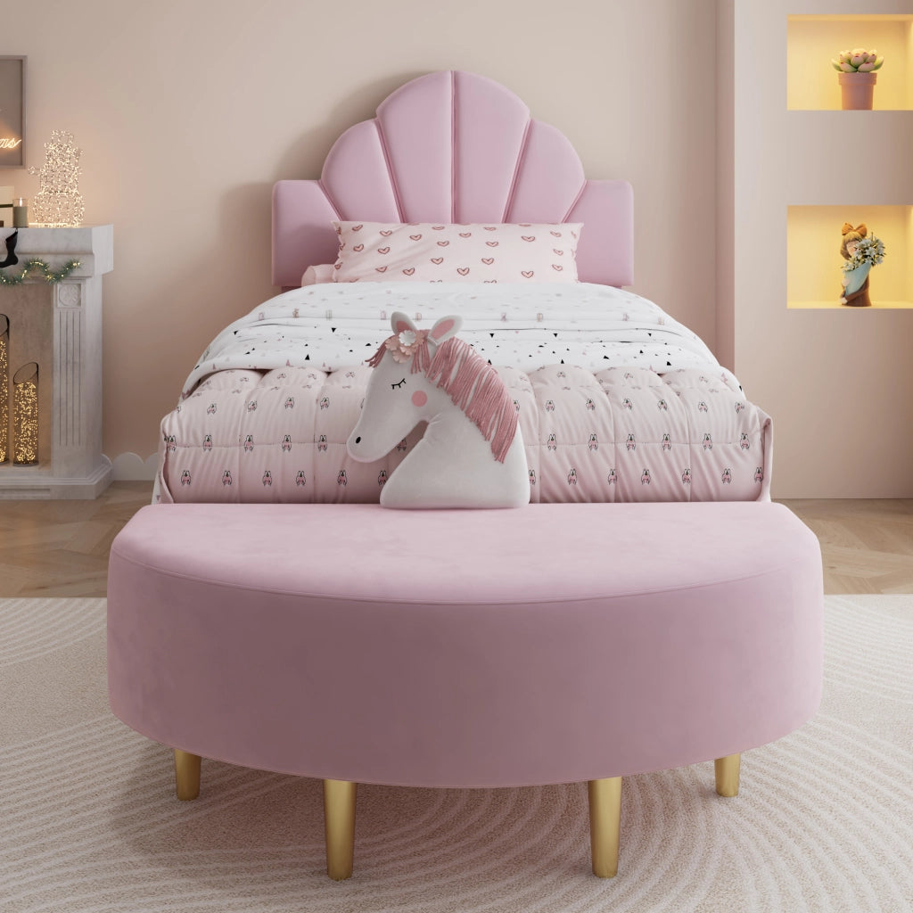Upholstered Bed;90x200 cm;with velvet headboard;including bench;pink
