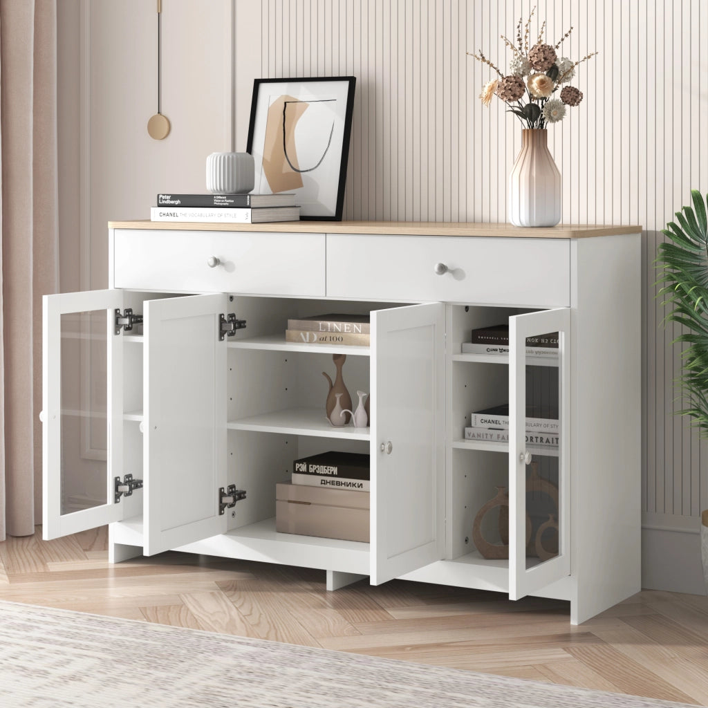 Credenza 4 Ante con Vetro e 2 Cassetti ¨C MINIMAL ¨C Legno e Bianco