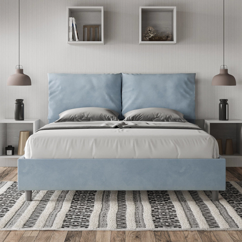 BS COM Letto queen size con rete imbottito 150x190 microfibra azzurro
