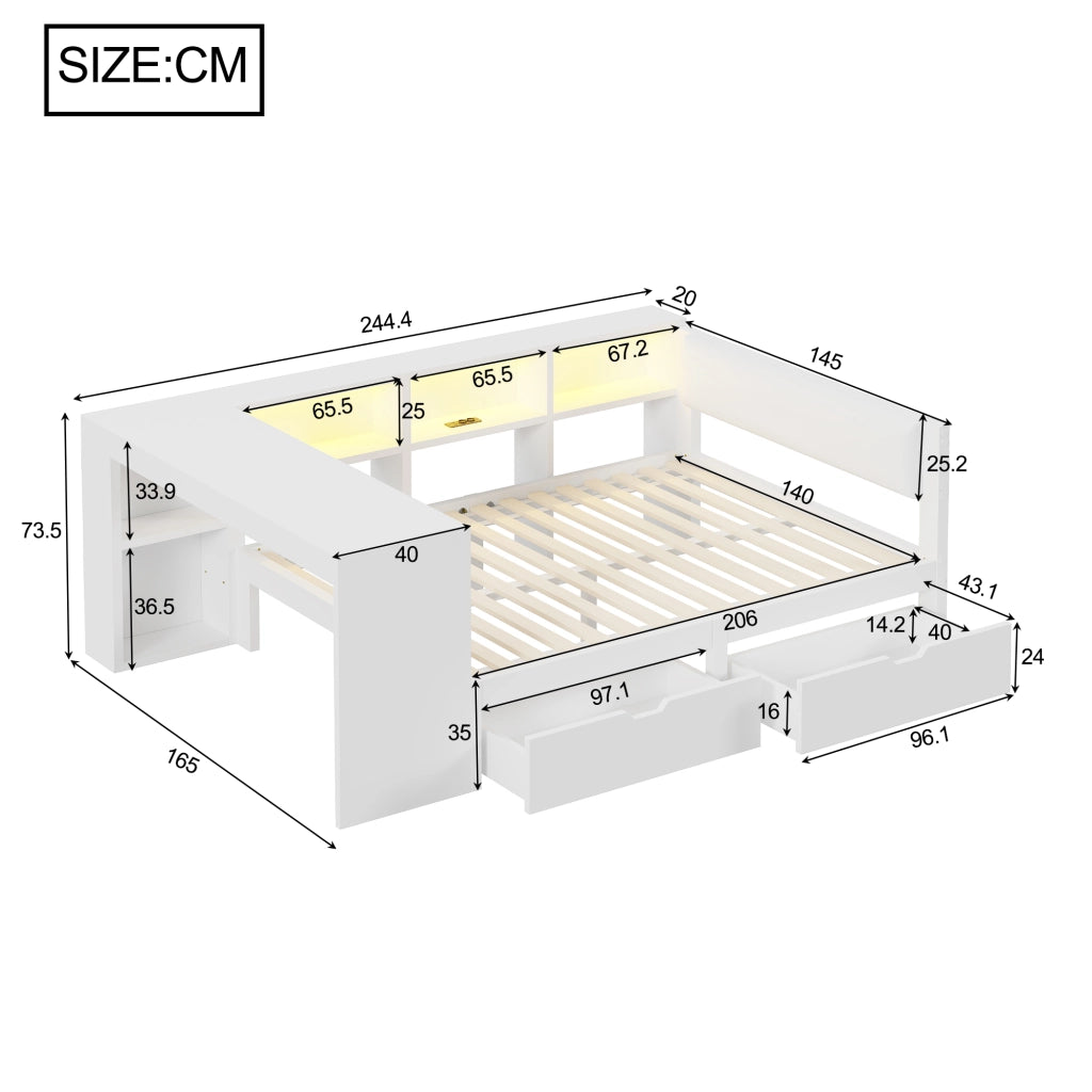 Letto legno 140x200 ripiani cassetti ricarica LED bianco
