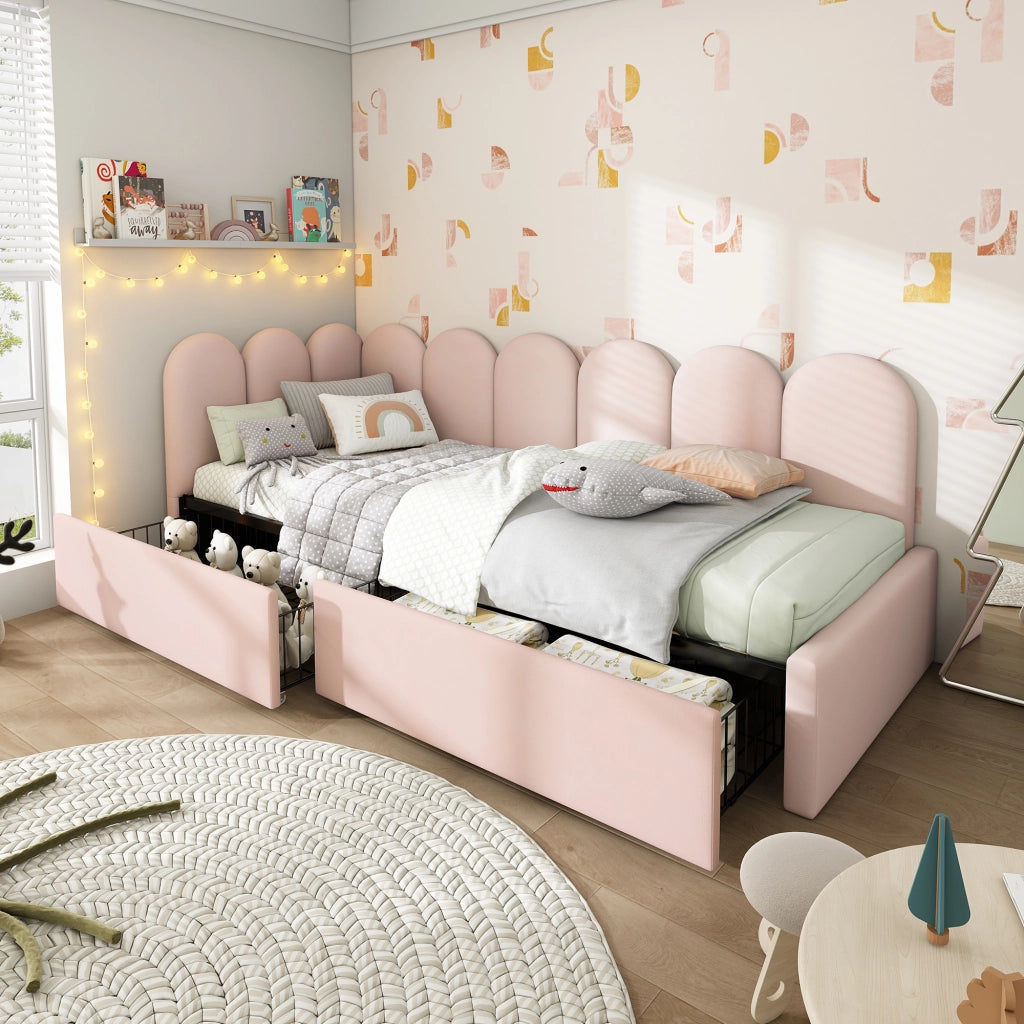 LETTO imbottito 90x200 cm in velluto rosa con 2 cassetti