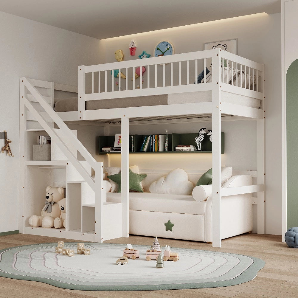 Letto a castello in legno massello per bambini - Xylo - 90x200 cm - Bianco - Con scala e armadio