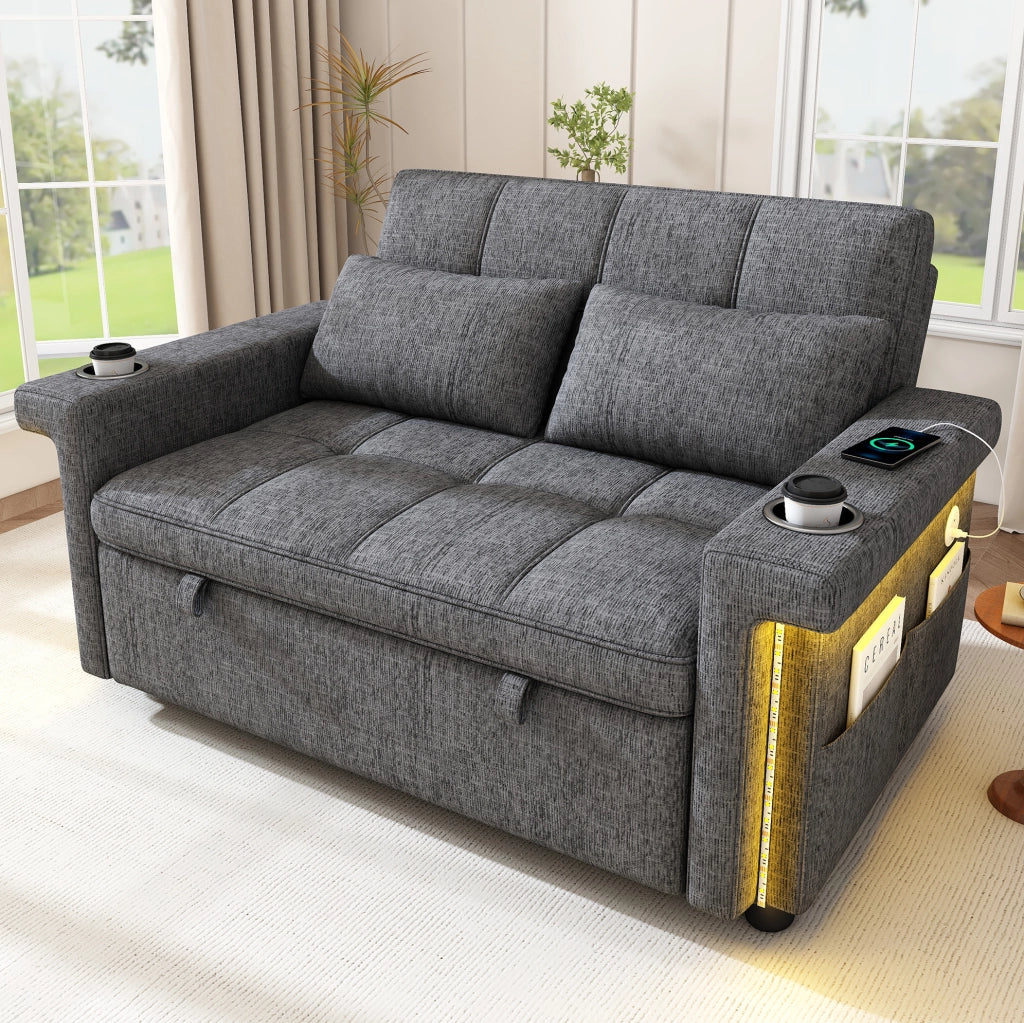 Divano letto 2 posti convertibile 145 x 141;5 x 90 cm in chenille grigio con LED e USB