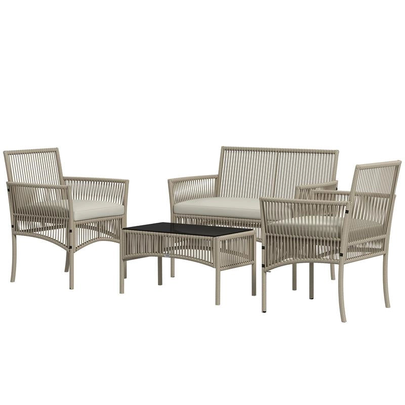 SET DA GIARDINO IN RATTAN DA 4 PEZZI CON 2 POLTRONCINE, DIVANO E TAVOLINO DA CAFFÈ, KAKI