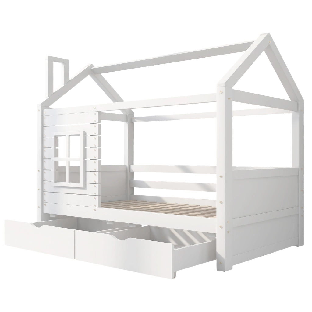 OKWISH Letto a Casetta 90×200 cm, Letto Singolo con Sponda, 2 Cassetti e Finestre, senza Materasso, in Pino Massello, Bianco