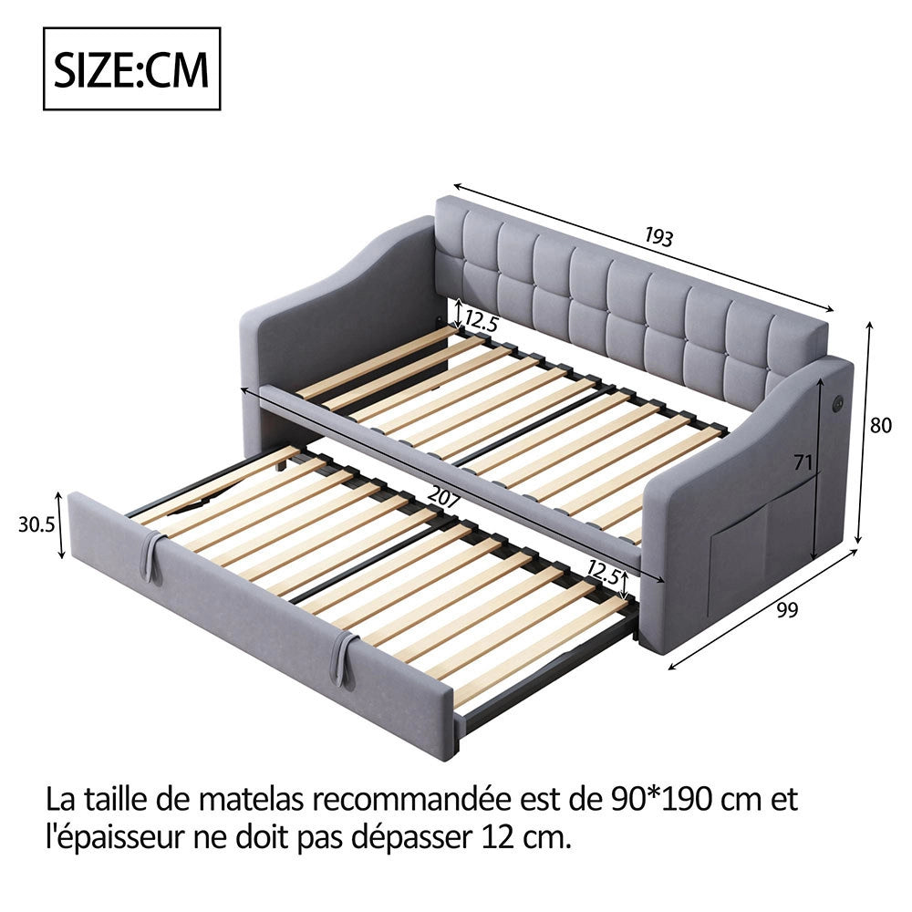 Divano 2 in 1 - Xylo - 90/180 cm velluto grigio USB