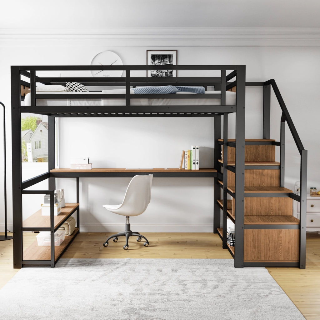 Letto a soppalco in metallo 140x200 cm nero con scale contenitore, ripiani e scrivania