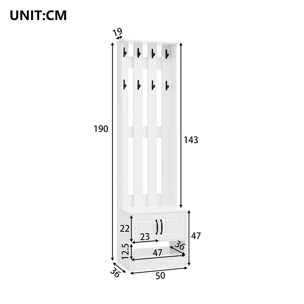 Panchina appendiabiti ingresso 50x36x190 cm - Xylo - 2 ante, schienale con 8 ganci, bianco