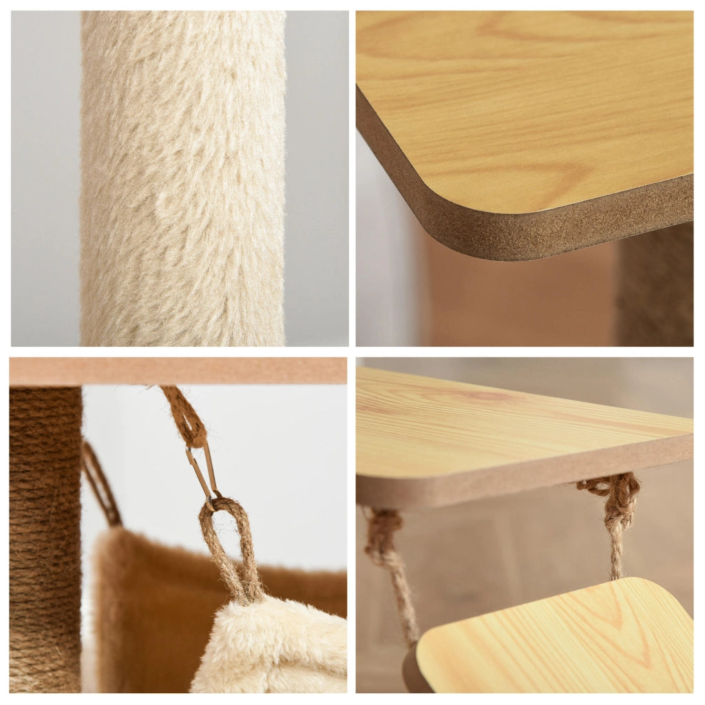 EasyComfort Albero Tiragraffi Multilivello con Casetta, Amaca, Scaletta e Corde in Juta, Rivestimento Peluche, 60x40x130cm, Giallo