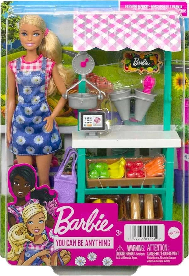 Barbie - Playset Mercato Frutta e Verdura con Bambola bionda, Stand del Mercato, registratore di Cassa, Verdure, Pane, F