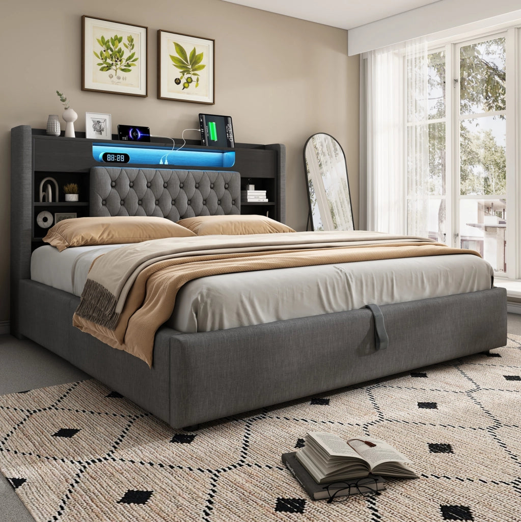 Letto contenitore 140x190 cm con LED, USB e testiera con ripiani