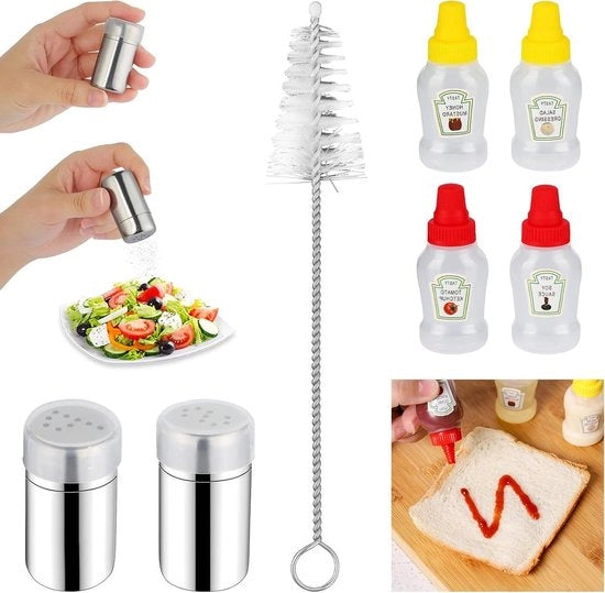 Set di spolverini da sale e pepe da 2 - contenitori da sale da 5 ml con fori - acciaio inossidabile - con coperchio - set di 4 bottiglie da salse da 23 ml - spolverino per bento box e camping - contenitore da sale