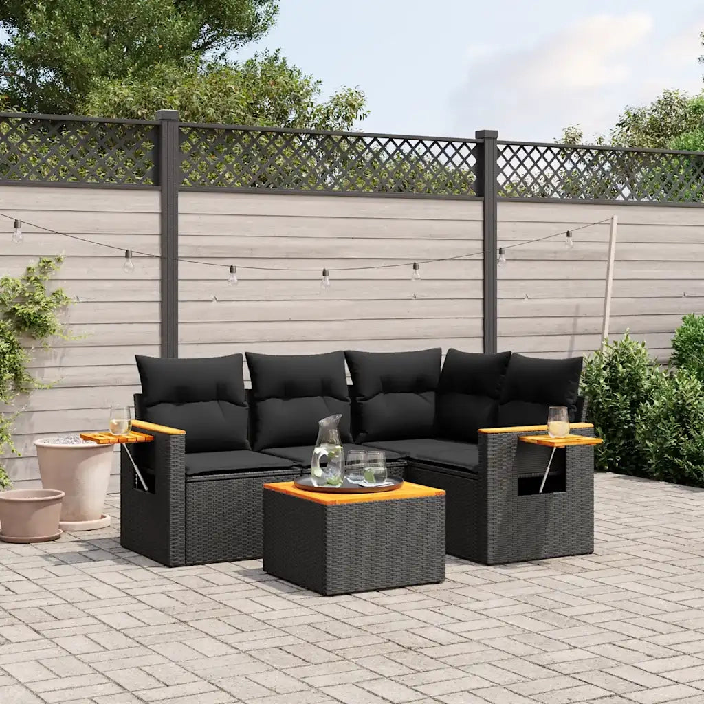 Set Divani da Giardino 5 pz | Set Salotto da Giardino con Cuscini in Polyrattan Nero