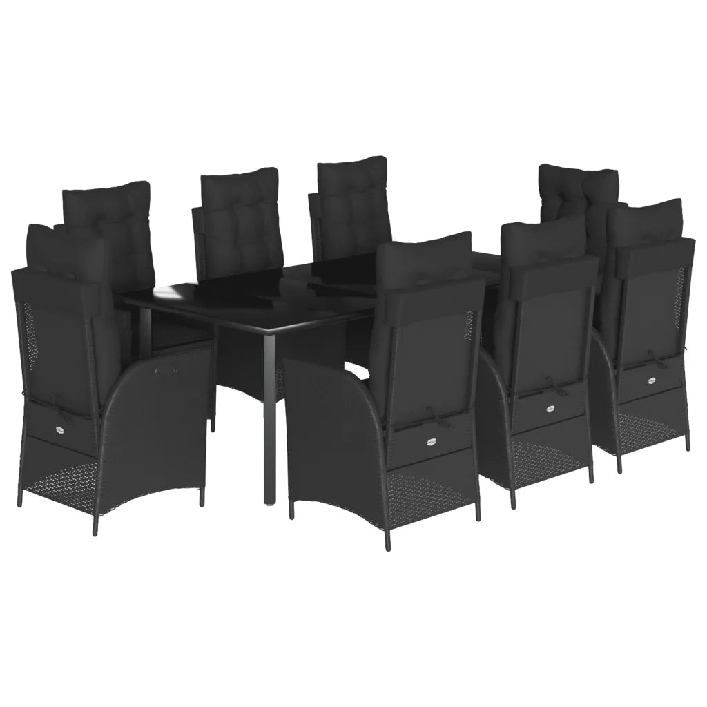 Set da Pranzo da Giardino 9 pz con Cuscini Nero in Polyrattan