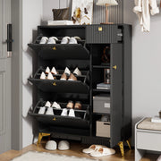 Scarpiera moderna stretta con 3 ante ribaltabili, 1 cassetto e 1 sportello, colore nero, 90 x 25 x 121 cm