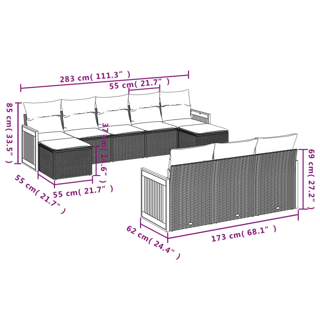 Set Divano da Giardino 10 pz con Cuscini Grigio in Polyrattan 3260499