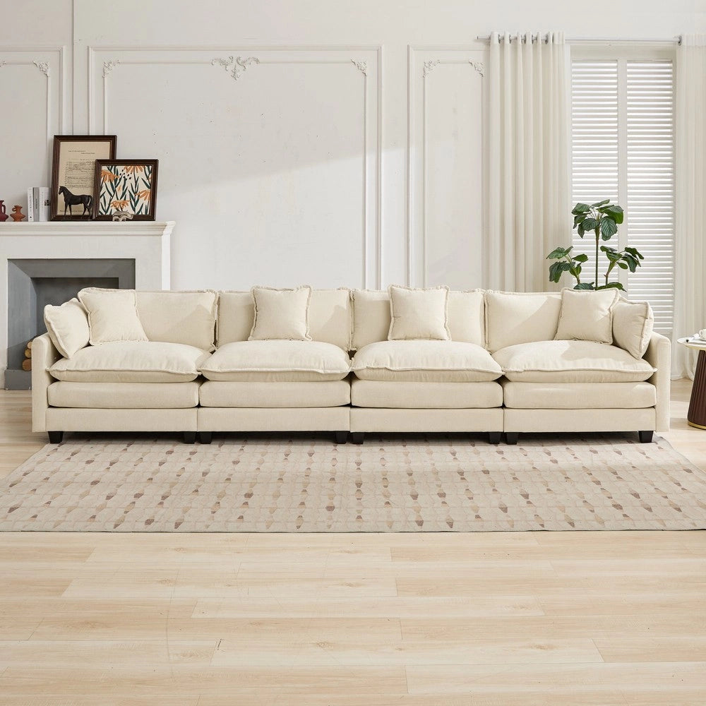 Divano 4 Posti con Penisola ¨C Xylo ¨C Tessuto Chenille Beige, Cuscini Imbottiti