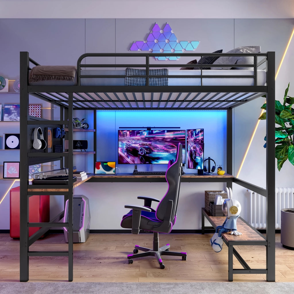 Letto a castello nero in metallo con scrivania led usb-c 140x200 cm
